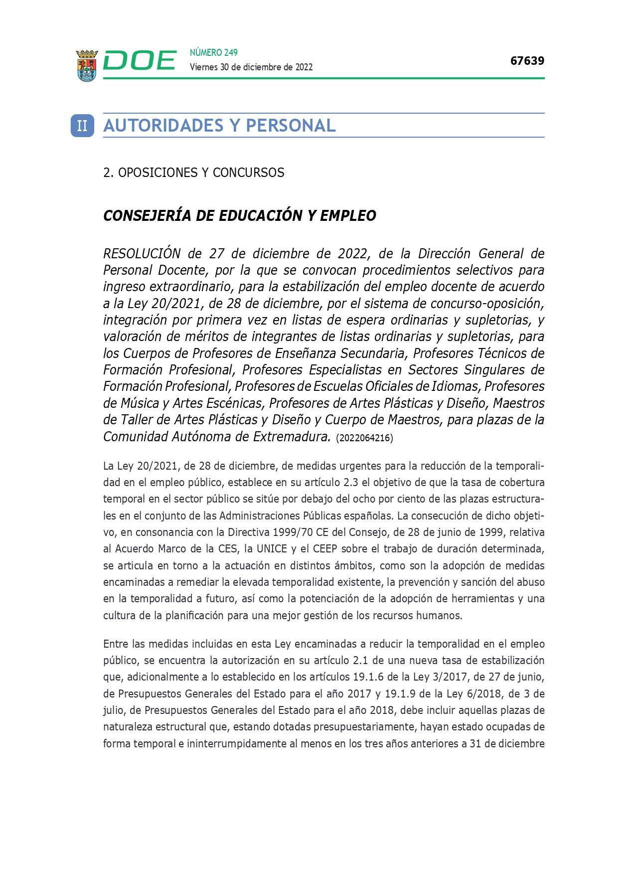 DOE n.º 249- 30-diciembre-2022 - ÚLTIMA CONVOCATORIA EXTREMADURA_page-0001