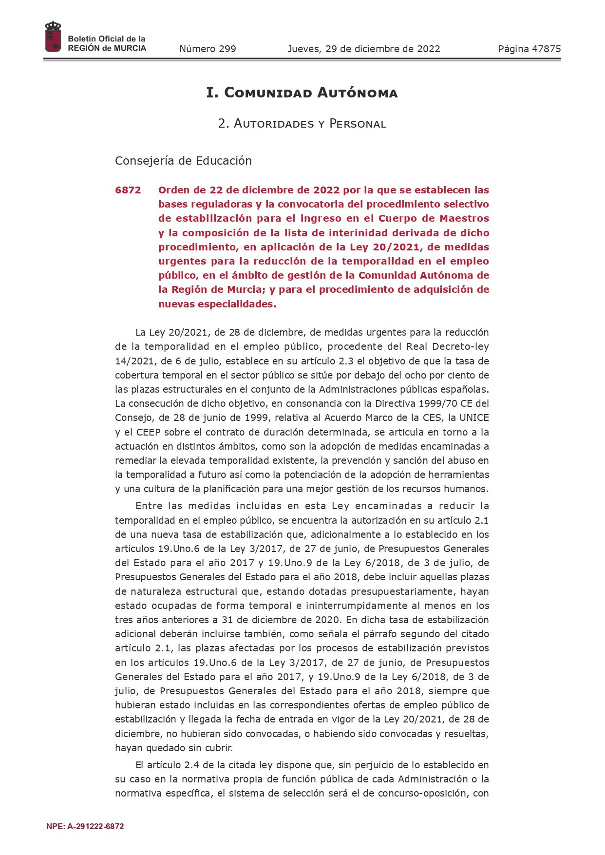 Publicación número 6872 del BORM número 299 de 29_12_2022 - CONVOCATORIA MURCIA REP.2022_page-0001